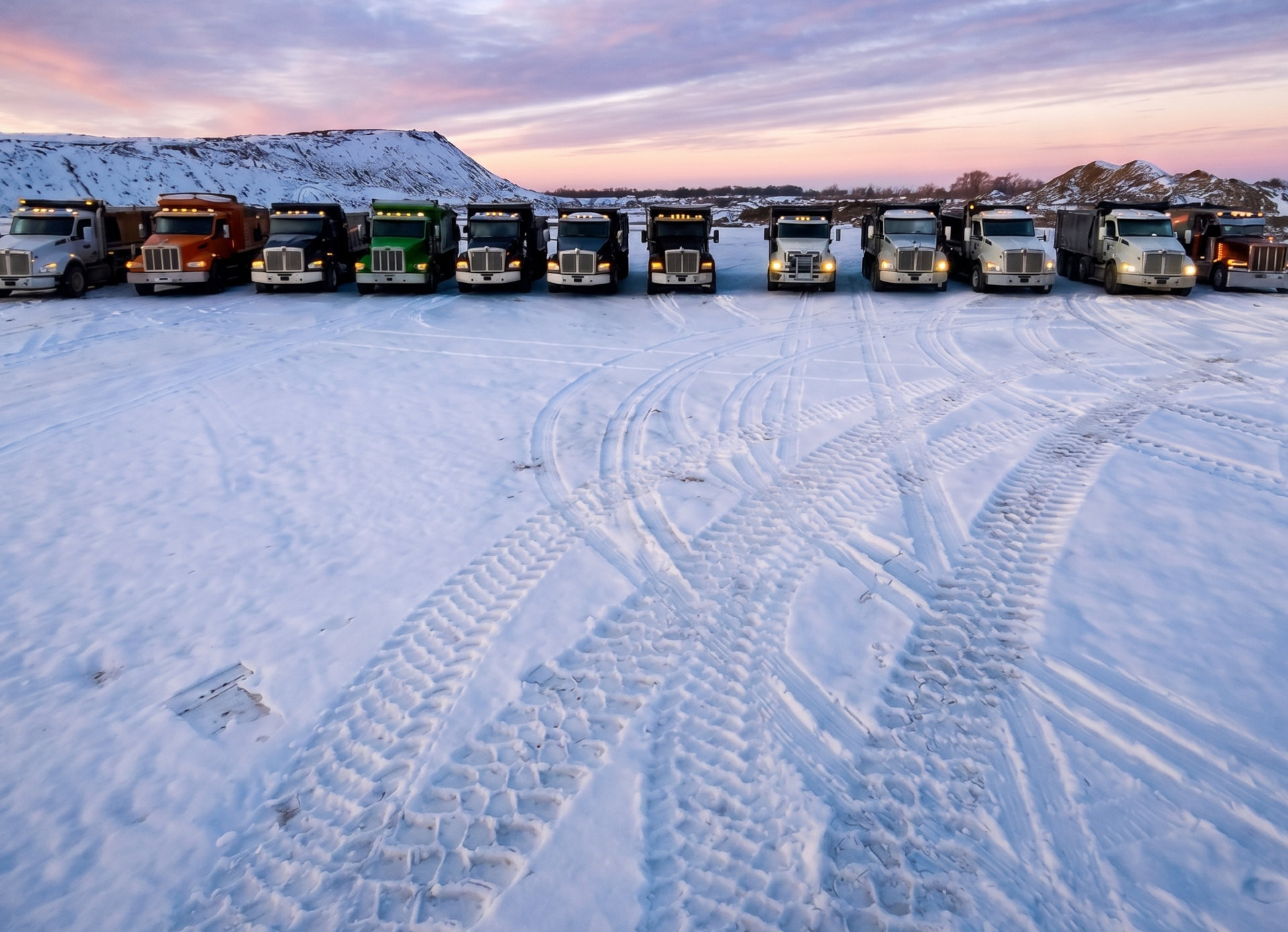 Triaxle dump trucks in the snow at a gravel yard