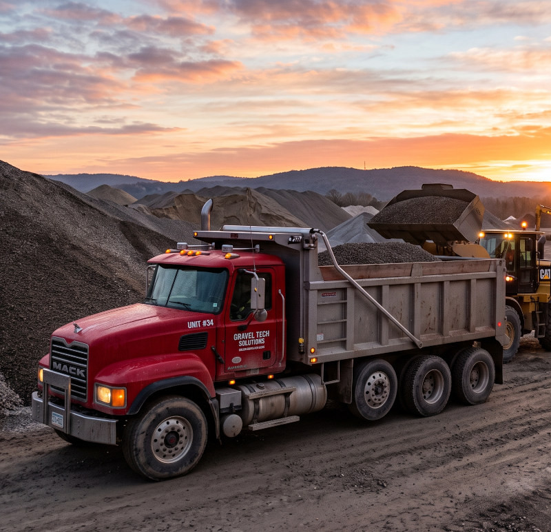 Tri-axle dump truck being loaded at a gravel yard